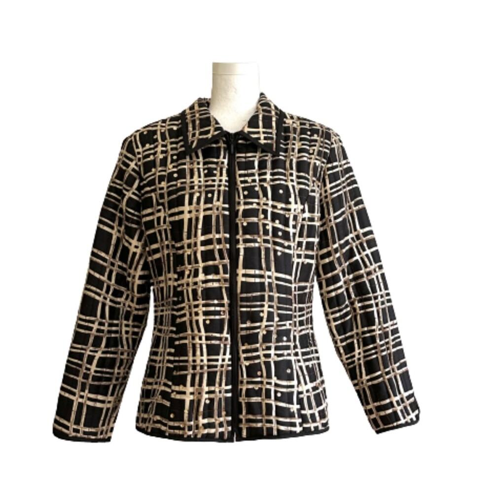 Carole Little Jacket Silk Quilted Black Tan Gold Sequin Bling Zip Front Large